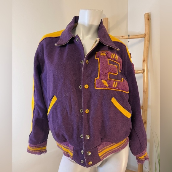 Varsity Jacket “E” Vintage 1950’s Purple Yellow Reversible Men’s Small/Med